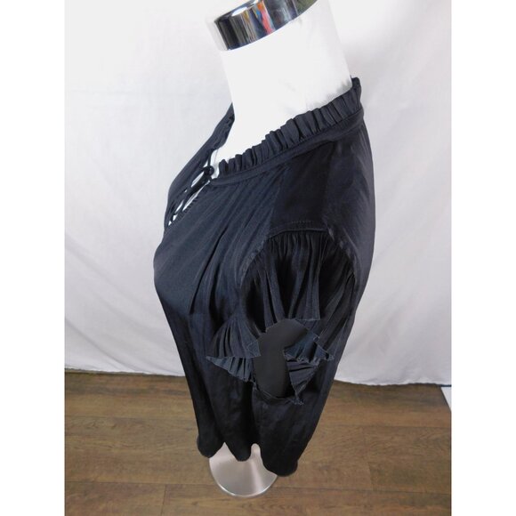 Current Air Blouse Womens XL Black Ruffle Flutter Sleeve Tie Neck Satin Pleated - Picture 5 of 12